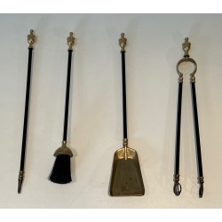 Brass and Black Lacquered Metal Fireplace Tools Set, French Work, Circa 1970