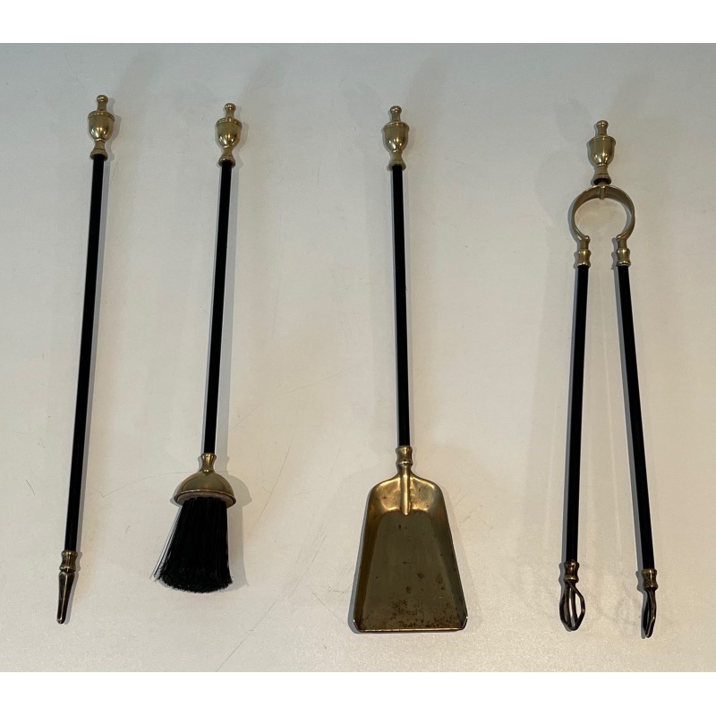 Brass and Black Lacquered Metal Fireplace Tools Set, French Work, Circa 1970