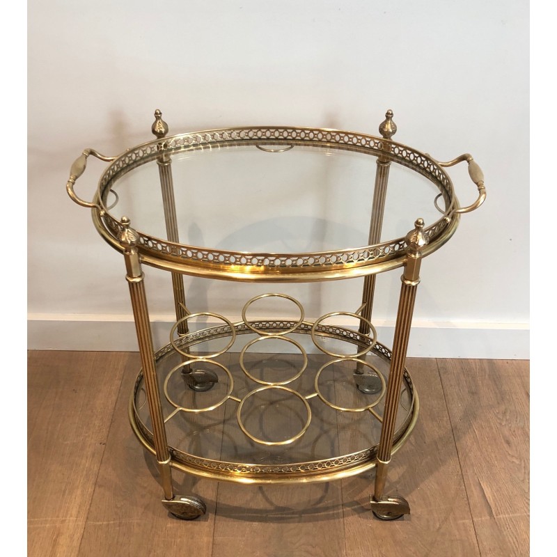 Oval Brass Drinks Trolley with Removable Tray and Bottle Holder, French Work by Maison Jansen, Circa 1940