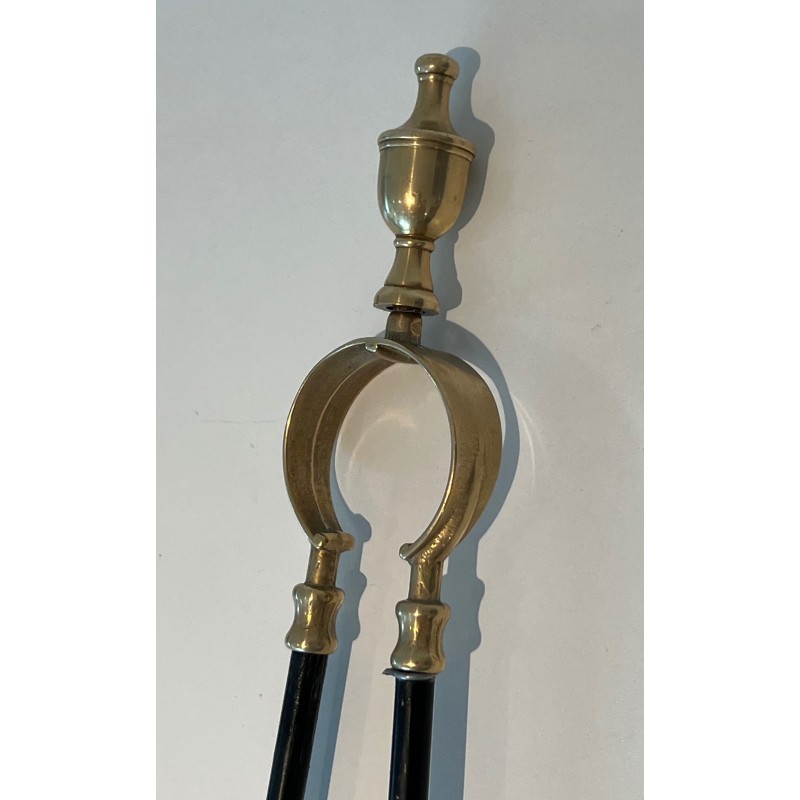 Brass and Black Lacquered Metal Fireplace Tools Set, French Work, Circa 1970