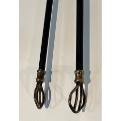 Brass and Black Lacquered Metal Fireplace Tools Set, French Work, Circa 1970