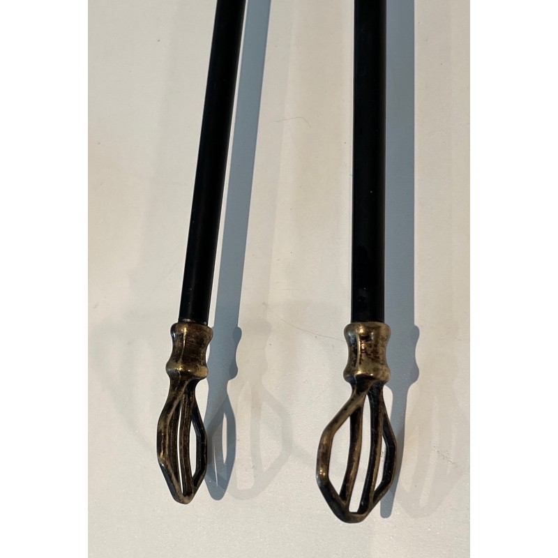 Nécessaire de Feu en Laiton et Métal Laqué Noir, Travail Français, Vers 1970