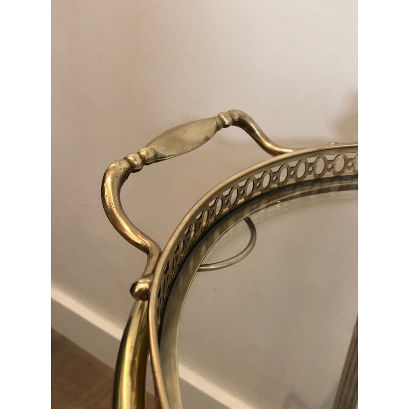 Oval Brass Drinks Trolley with Removable Tray and Bottle Holder, French Work by Maison Jansen, Circa 1940