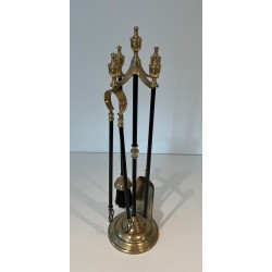 Brass and Black Lacquered Metal Fireplace Tools Set, French Work, Circa 1970