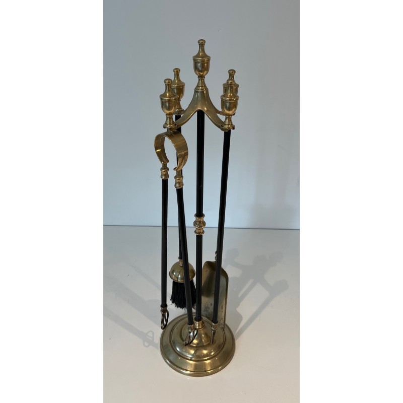 Nécessaire de Feu en Laiton et Métal Laqué Noir, Travail Français, Vers 1970