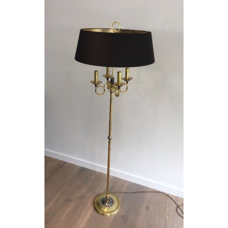Lampadaire de Parquet en Acier Brossé et Laiton. Dans le goût de la Maison Charles