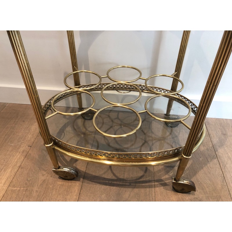 Table Roulante Ovale en Laiton à Plateau Amovible et Porte-Bouteilles, Travail Français de la Maison Jansen, Vers 1940