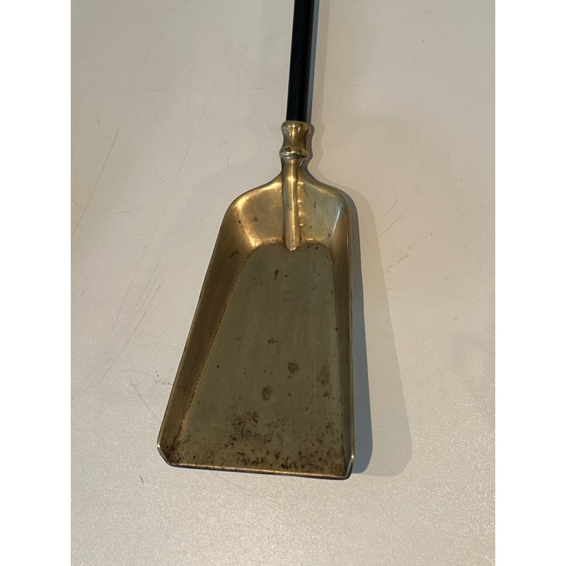 Brass and Black Lacquered Metal Fireplace Tools Set, French Work, Circa 1970