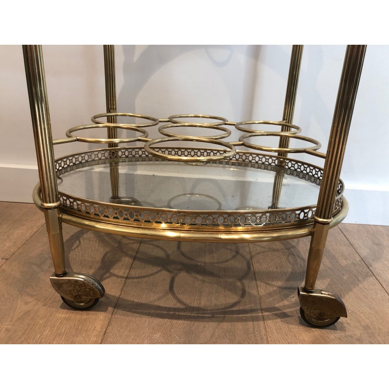 Table Roulante Ovale en Laiton à Plateau Amovible et Porte-Bouteilles, Travail Français de la Maison Jansen, Vers 1940