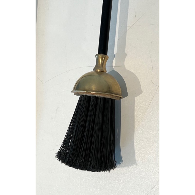 Brass and Black Lacquered Metal Fireplace Tools Set, French Work, Circa 1970