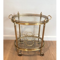Oval Brass Drinks Trolley with Removable Tray and Bottle Holder, French Work by Maison Jansen, Circa 1940