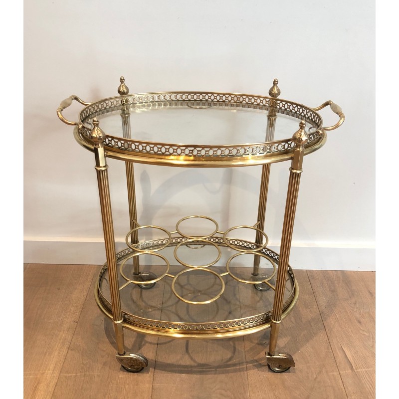 Table Roulante Ovale en Laiton à Plateau Amovible et Porte-Bouteilles, Travail Français de la Maison Jansen, Vers 1940
