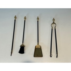 Brass and Black Lacquered Metal Fireplace Tools Set, French Work, Circa 1970