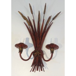 Red Lacquered and Gilded Wheat Sheaf Wall Sconce, French Work in the Style of Coco Chanel, Circa 1970