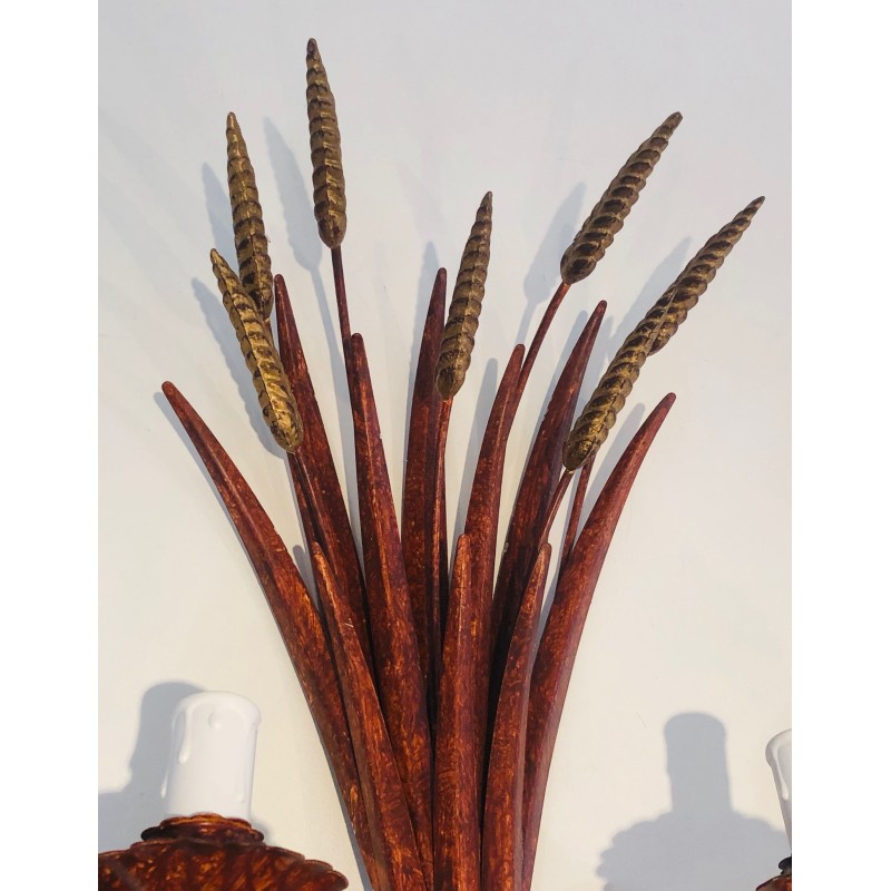 Red Lacquered and Gilded Wheat Sheaf Wall Sconce, French Work in the Style of Coco Chanel, Circa 1970