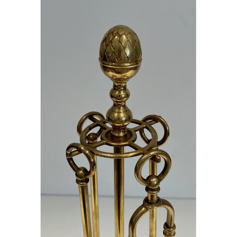 Neoclassical Style Brass Fireplace Tools on Stand Attributed to Maison Jansen 