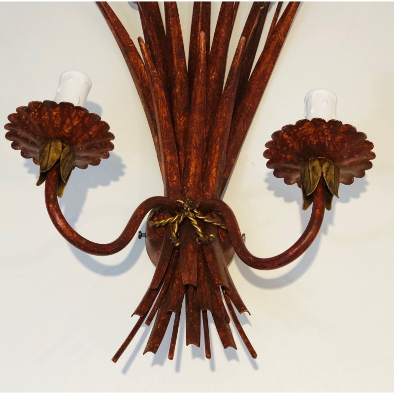 Red Lacquered and Gilded Wheat Sheaf Wall Sconce, French Work in the Style of Coco Chanel, Circa 1970