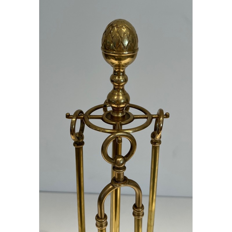 Neoclassical Style Brass Fireplace Tools on Stand Attributed to Maison Jansen 