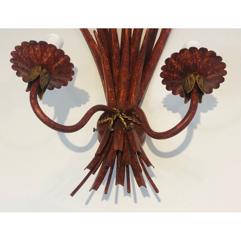 Red Lacquered and Gilded Wheat Sheaf Wall Sconce, French Work in the Style of Coco Chanel, Circa 1970