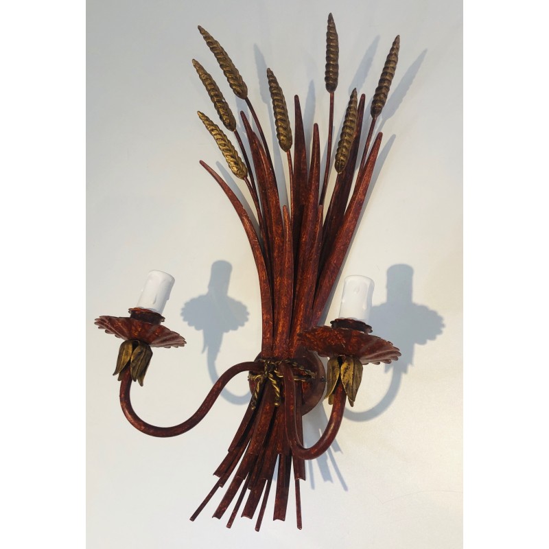 Red Lacquered and Gilded Wheat Sheaf Wall Sconce, French Work in the Style of Coco Chanel, Circa 1970