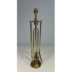 Neoclassical Style Brass Fireplace Tools on Stand Attributed to Maison Jansen 