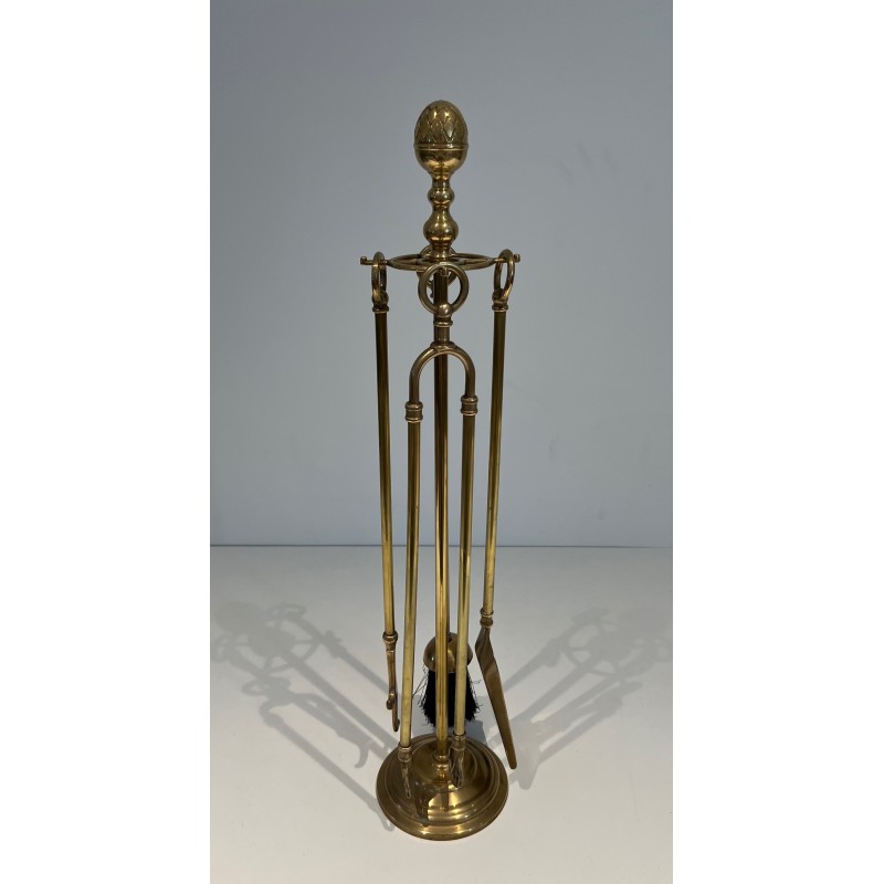 Neoclassical Style Brass Fireplace Tools on Stand Attributed to Maison Jansen 