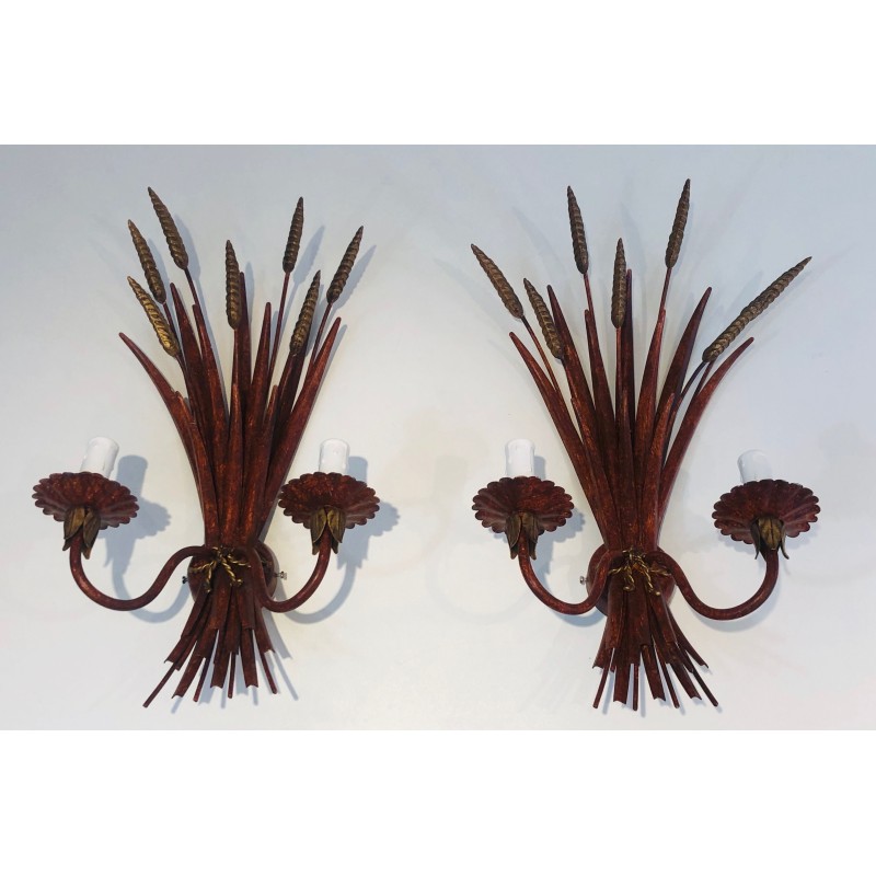 Red Lacquered and Gilded Wheat Sheaf Wall Sconce, French Work in the Style of Coco Chanel, Circa 1970