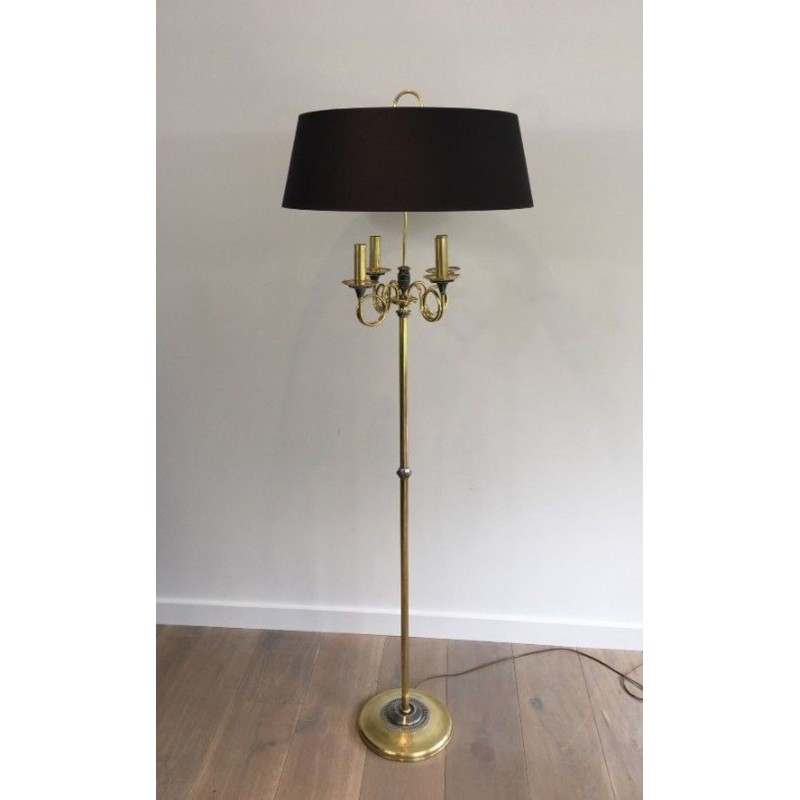 Lampadaire de Parquet en Acier Brossé et Laiton. Dans le goût de la Maison Charles