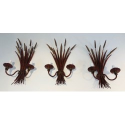 Red Lacquered and Gilded Wheat Sheaf Wall Sconce, French Work in the Style of Coco Chanel, Circa 1970