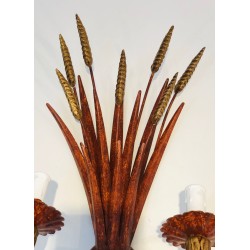 Red Lacquered and Gilded Wheat Sheaf Wall Sconce, French Work in the Style of Coco Chanel, Circa 1970