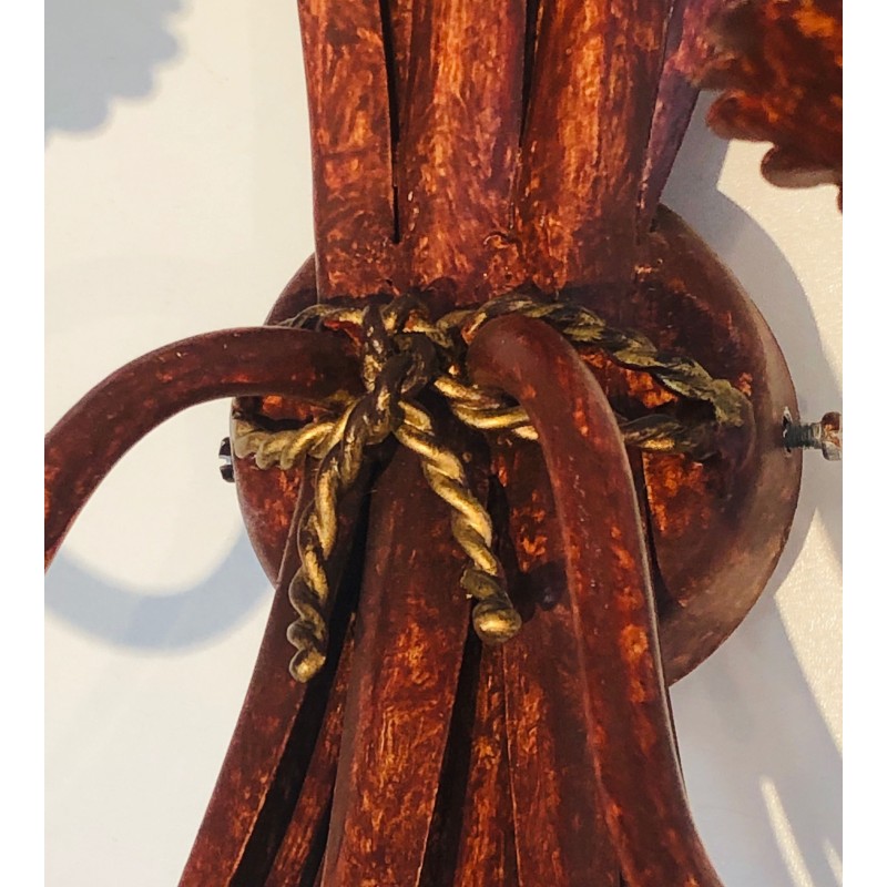 Red Lacquered and Gilded Wheat Sheaf Wall Sconce, French Work in the Style of Coco Chanel, Circa 1970