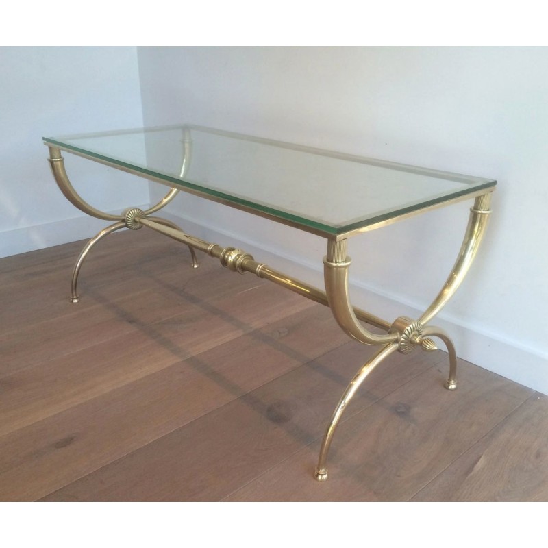 Table Basse Néoclassique en Laiton et Verre par Raymond Subes, Travail Français, Vers 1940