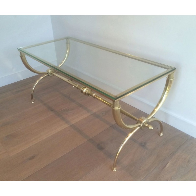 Table Basse Néoclassique en Laiton et Verre par Raymond Subes, Travail Français, Vers 1940
