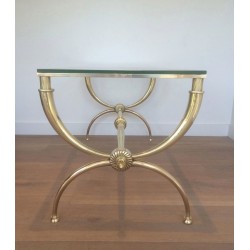 Table Basse Néoclassique en Laiton et Verre par Raymond Subes, Travail Français, Vers 1940