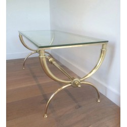 Table Basse Néoclassique en Laiton et Verre par Raymond Subes, Travail Français, Vers 1940