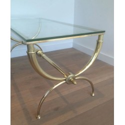 Table Basse Néoclassique en Laiton et Verre par Raymond Subes, Travail Français, Vers 1940