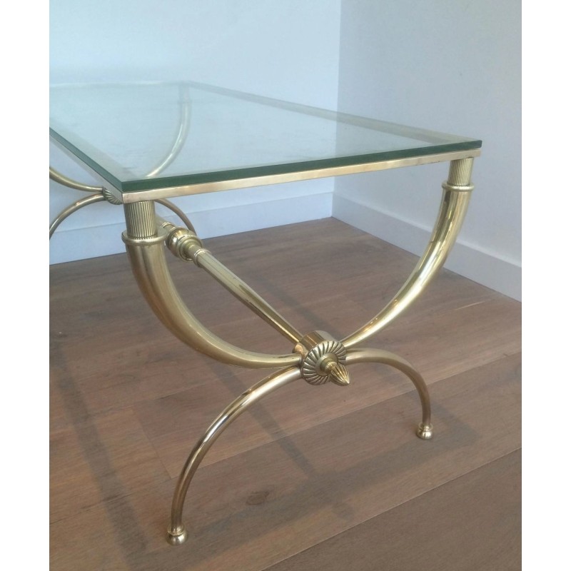Table Basse Néoclassique en Laiton et Verre par Raymond Subes, Travail Français, Vers 1940