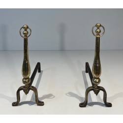 Pair of Neoclassical Style Brass and Wrought Iron Andirons, French Work, Circa 1970