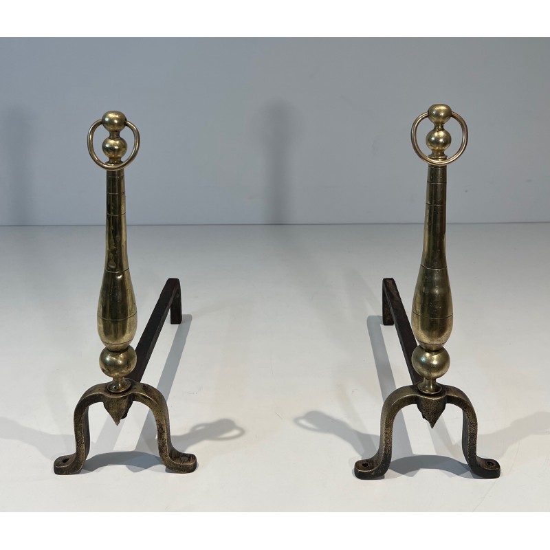 Pair of Neoclassical Style Brass and Wrought Iron Andirons, French Work, Circa 1970