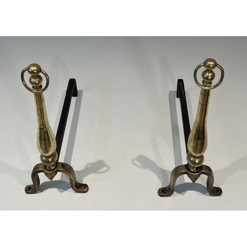 Pair of Neoclassical Style Brass and Wrought Iron Andirons, French Work, Circa 1970
