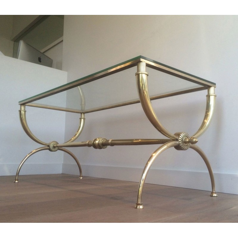 Table Basse Néoclassique en Laiton et Verre par Raymond Subes, Travail Français, Vers 1940