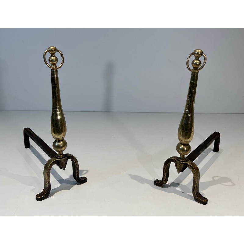 Pair of Neoclassical Style Brass and Wrought Iron Andirons, French Work, Circa 1970