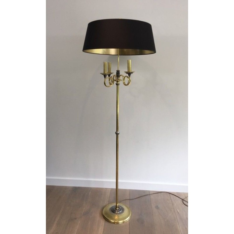 Lampadaire de Parquet en Acier Brossé et Laiton. Dans le goût de la Maison Charles
