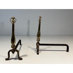 Pair of Neoclassical Style Brass and Wrought Iron Andirons, French Work, Circa 1970