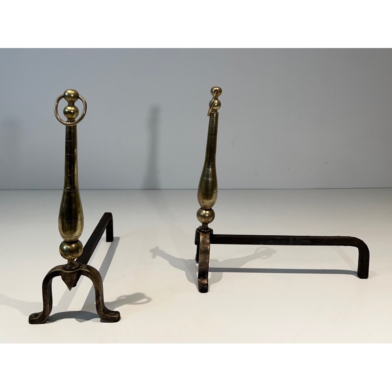 Pair of Neoclassical Style Brass and Wrought Iron Andirons, French Work, Circa 1970