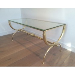 Table Basse Néoclassique en Laiton et Verre par Raymond Subes, Travail Français, Vers 1940
