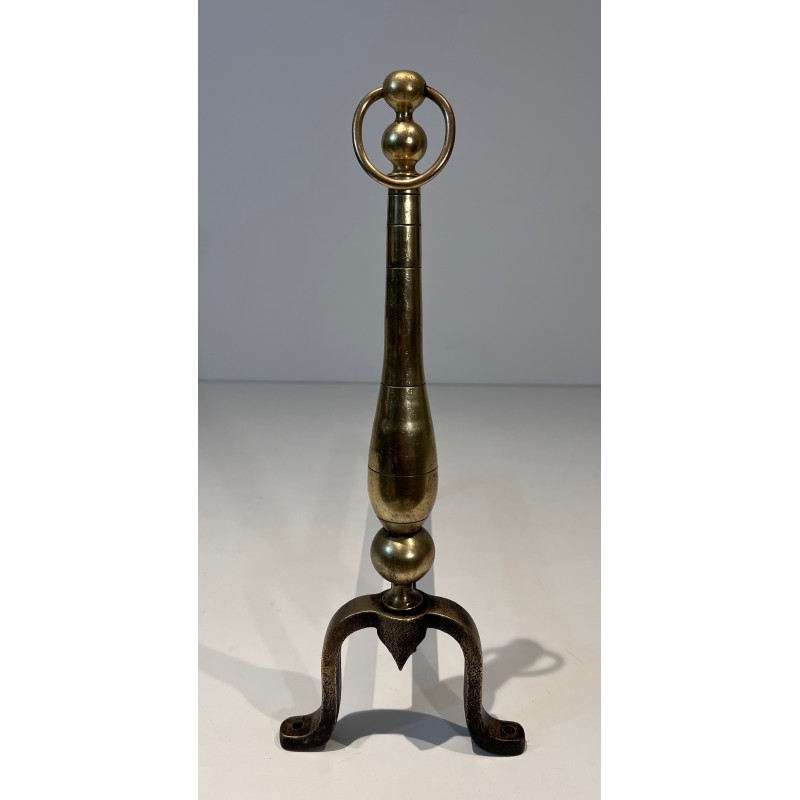 Pair of Neoclassical Style Brass and Wrought Iron Andirons, French Work, Circa 1970