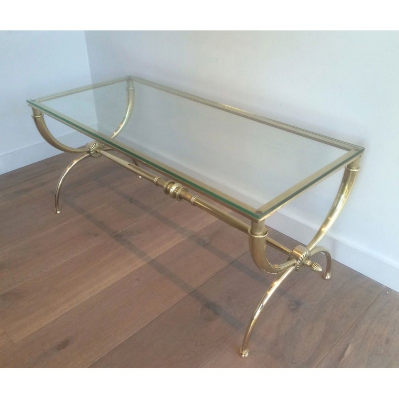 Table Basse Néoclassique en Laiton et Verre par Raymond Subes, Travail Français, Vers 1940