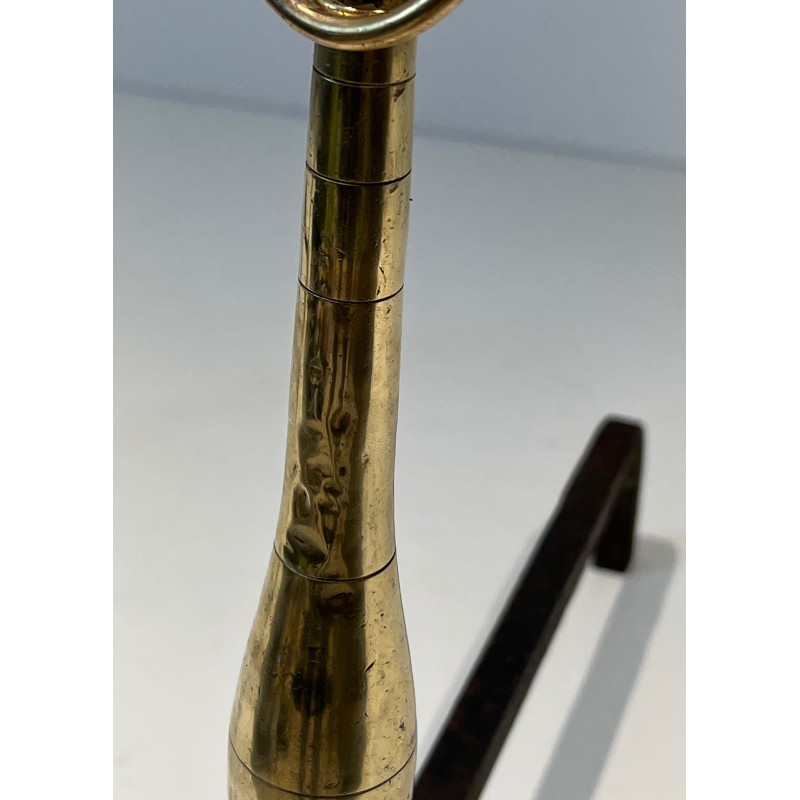 Pair of Neoclassical Style Brass and Wrought Iron Andirons, French Work, Circa 1970