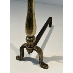 Pair of Neoclassical Style Brass and Wrought Iron Andirons, French Work, Circa 1970
